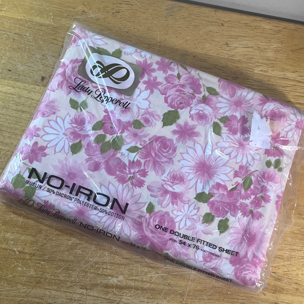 Vtg Lady Pepperell Double Fitted Sheet Pink Floral No-Iron Muslin New NOS USA